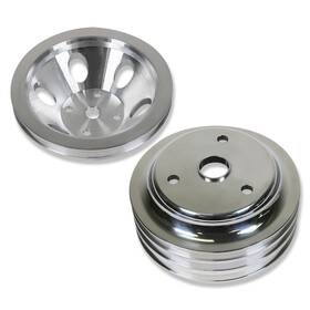 Demotor Performance T16208 Sbc Chevy Polished Aluminum 1 And 3 Groove Long Water Pump Crankshaft Pulley Kit