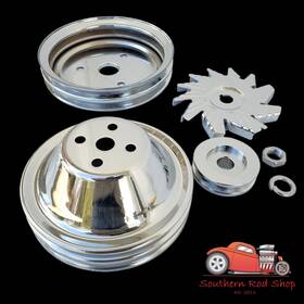 Srs K8952 K8953 K9446 Small Block Chevy Chrome Pulley Set Sbc 2 Groove Short Pump 305 350 400