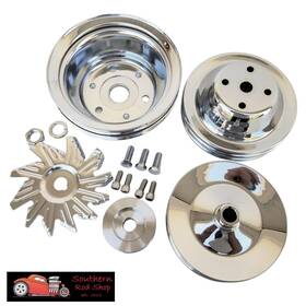Srs K8957 K8956 K8947 K9446 K9819 Small Block Chevy Chrome 4 Pulley Set Sbc 2 Groove Long Pump 283 305 327 350 400